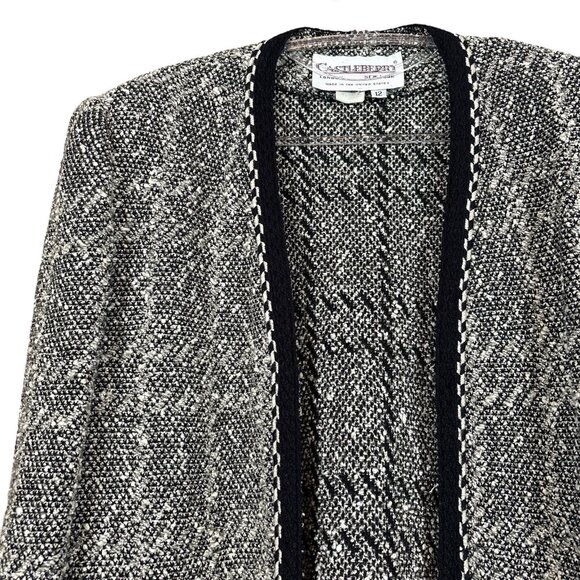 Vtg Castleberry Tweed Knit Open Front Cardigan Sweater Jacket Gray Black Size 12 - Picture 3 of 9